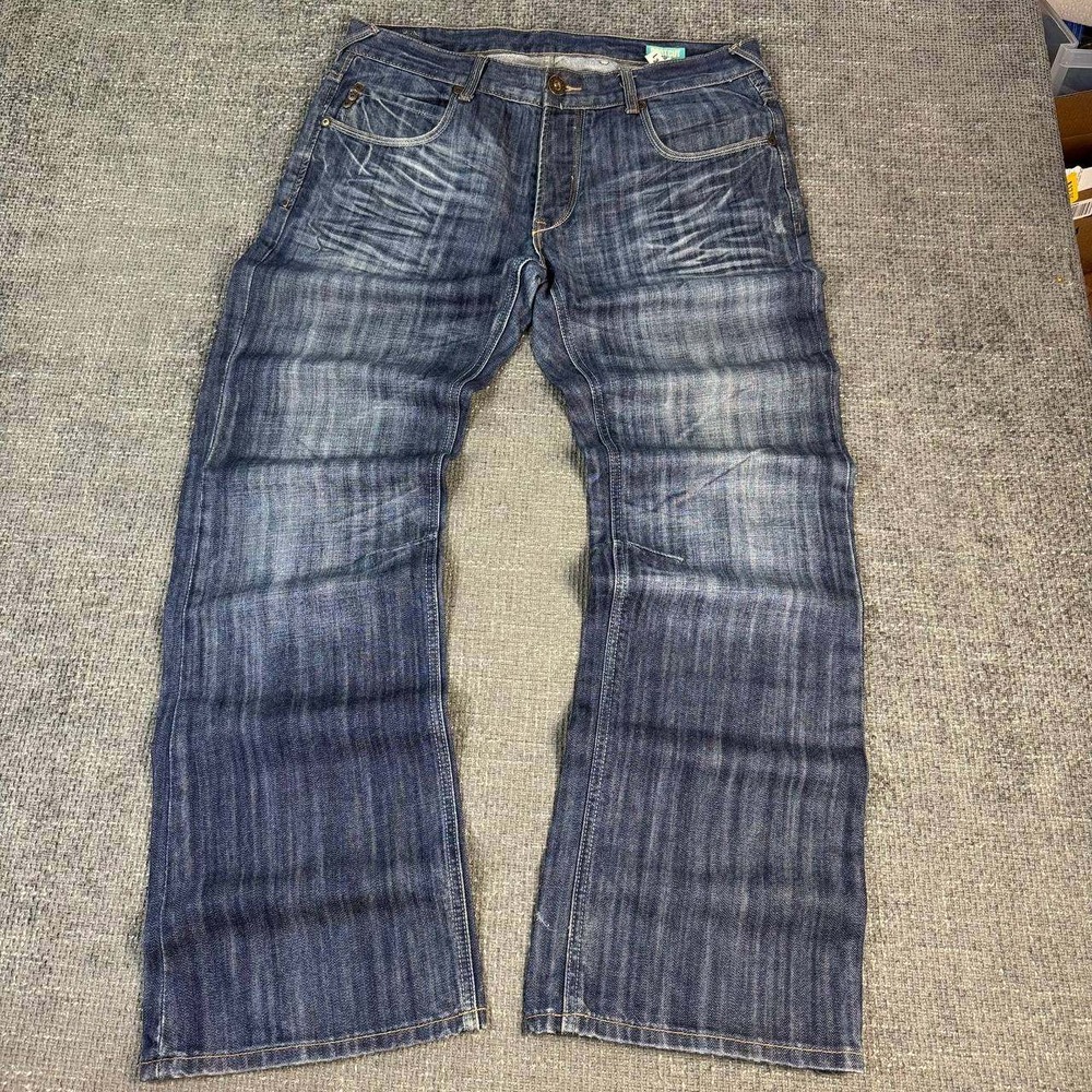 Urban Behavior Bootcut Jeans Mens 36x34 Blue Y2K Slub Distressed Hem
